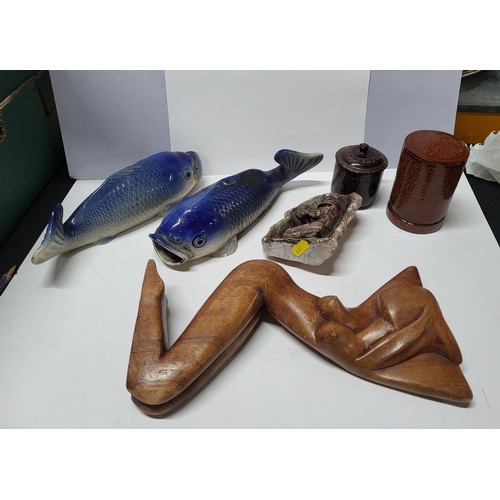 237 - Various collectables including two ceramic Koi fish, wooden figuresof a woman and others (Qty)