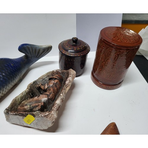 237 - Various collectables including two ceramic Koi fish, wooden figuresof a woman and others (Qty)