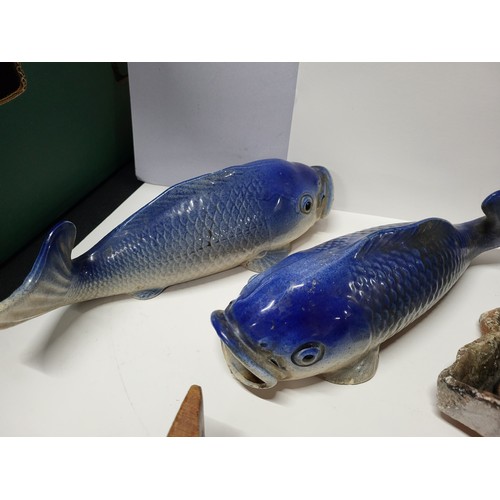 237 - Various collectables including two ceramic Koi fish, wooden figuresof a woman and others (Qty)