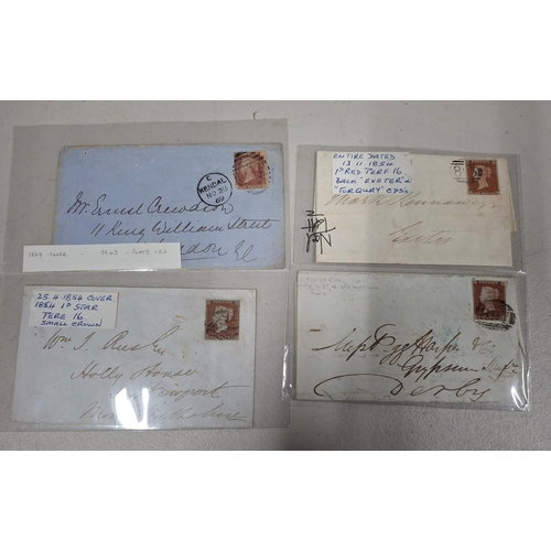 385 - Four penny reds on envelopes, one imperf to Derby and three perf examples (4)