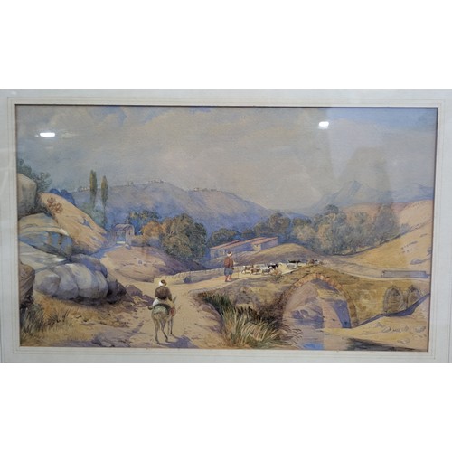 85 - Framed watercolour depicting a north African scene with a bridge, late 19thC