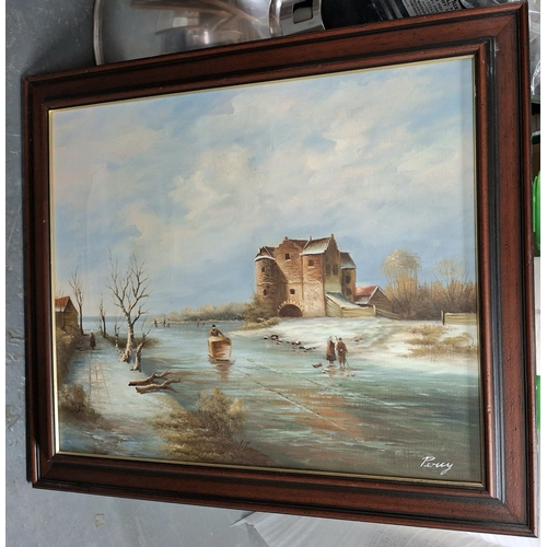 419 - Good quality modern oil on canvas depicting an 18thC wintery Dutch lake scene, signed simply PERRY, ... 