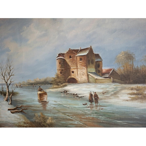 419 - Good quality modern oil on canvas depicting an 18thC wintery Dutch lake scene, signed simply PERRY, ... 