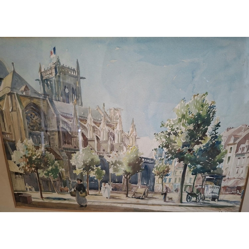 421 - A J Hartley 1921 watercolour of a Dieppe church together with a Mick Cawstone, pencil signed limited... 