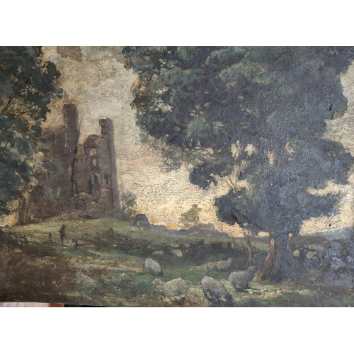 422 - J Knight 1925 oil on canvas depicting Sheep before Brough keep, unframed