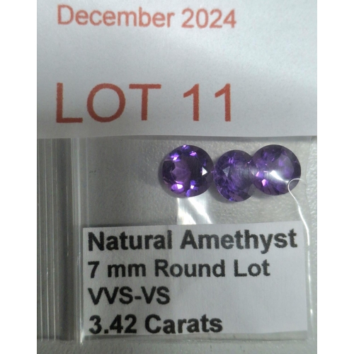 11 - Three 5mm, round cut natural Amethyst, 3.42cts (3)