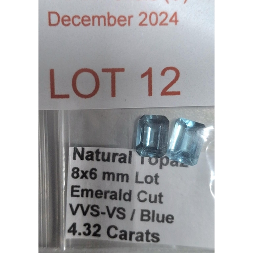 12 - Two 8x6mm, Emerald cut natural blue Topaz, 4.32cts (3)