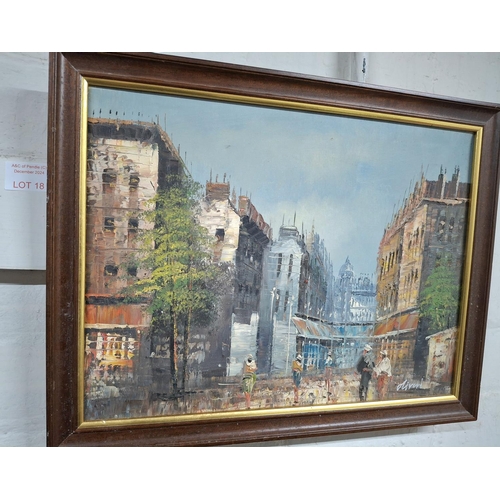 18 - Indistinctly signed oil on canvas depicting a Paris street scene in wood frame