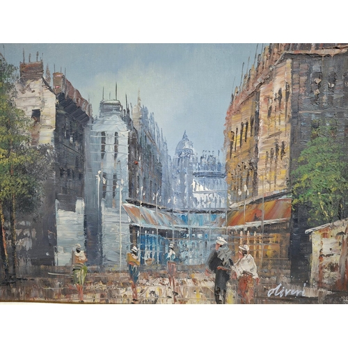 18 - Indistinctly signed oil on canvas depicting a Paris street scene in wood frame