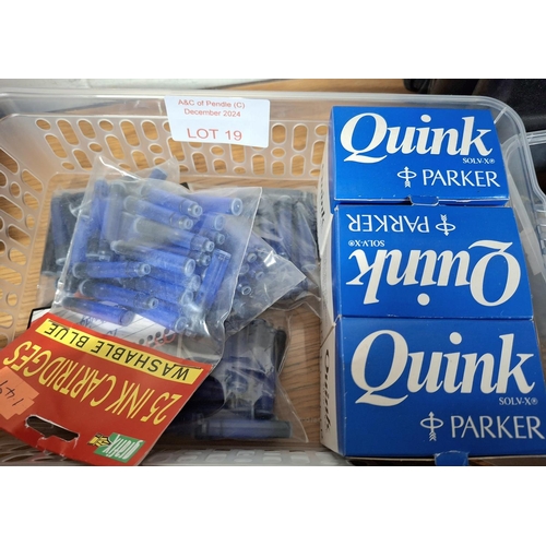 19 - Three boxed and unopened bottles of Parker ink together with a large quantity of blue fountain pen i... 