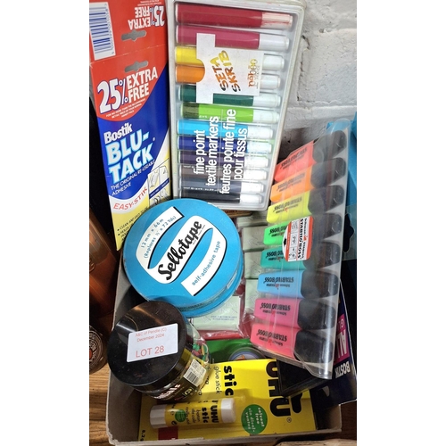 28 - Quantity of stationary including 3 old sellotape in tins (all unopened) and marker pen sets etc (Qty... 