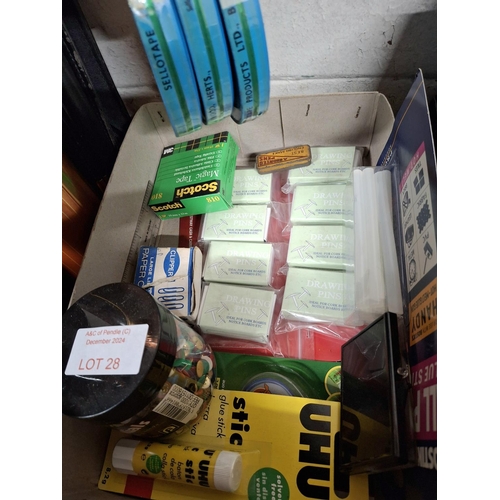 28 - Quantity of stationary including 3 old sellotape in tins (all unopened) and marker pen sets etc (Qty... 