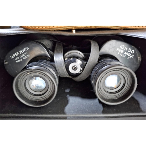 30 - Four sets of binoculars, 3 in their cases including a pair of Super Zenith 10 x 50s (4)