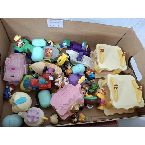 44 - Box of official Disney and MacDonald's childs small plastic toys including Flintstones figurines and... 