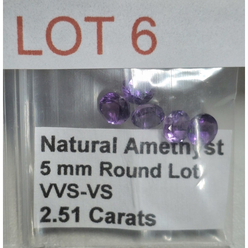 6 - Five round cut 5mm natural Amethysts, 2.51cts