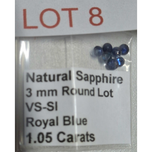 8 - Quantity of small, 3mm, round cut, natural royal blue Sapphires, 1.05cts