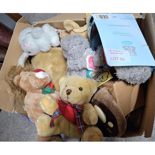 59 - Box full of small teddy bears, different makes, many as new with tags still attached (Qty)