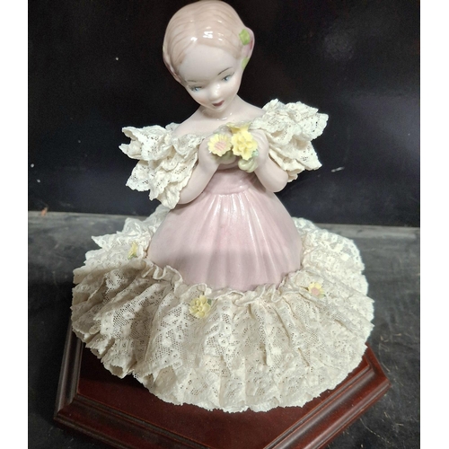 84 - Very fine quality, unmarked, ornate continental school porcelain figurine of a young girl in a frill... 