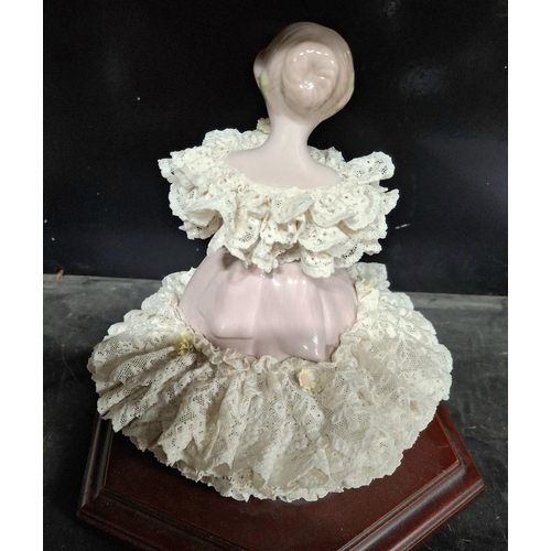 84 - Very fine quality, unmarked, ornate continental school porcelain figurine of a young girl in a frill... 