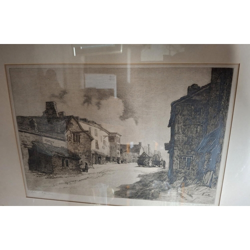 113 - Two fine quality, early 20thC street scene etchings, both signed in pencil and both framed (2)