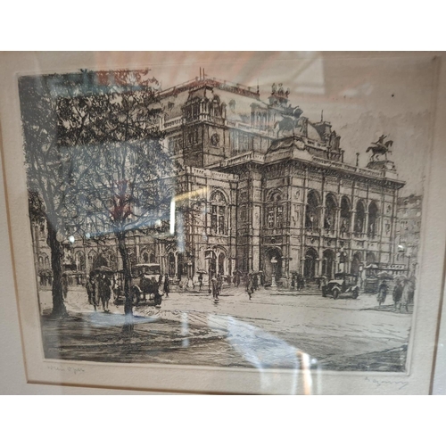 113 - Two fine quality, early 20thC street scene etchings, both signed in pencil and both framed (2)