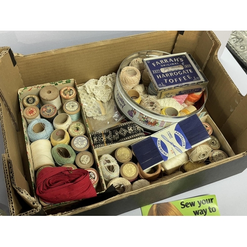 110 - Box of sewing items over 60 Vintage wooden cottons and bobbins