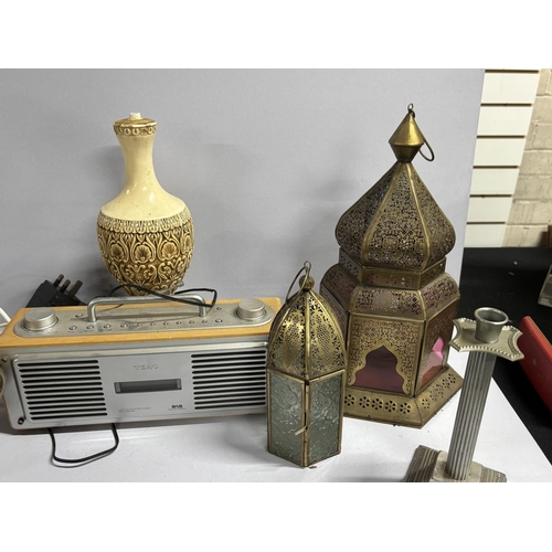 91 - Collection of misc including 2 brass Lanterns and Teac Radio