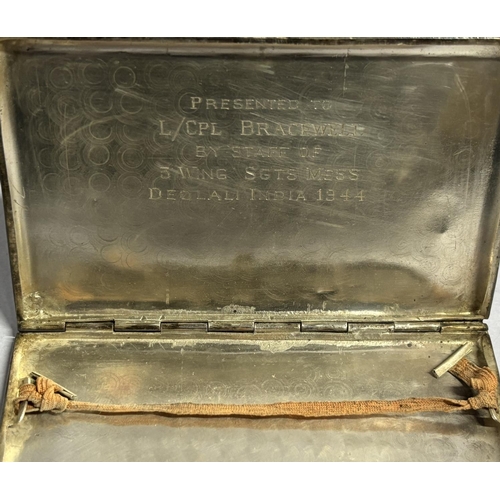 105 - Cigarette case presented to Lancs Corporal Bracewell in 1944 with lovely engravings depicting two Li... 