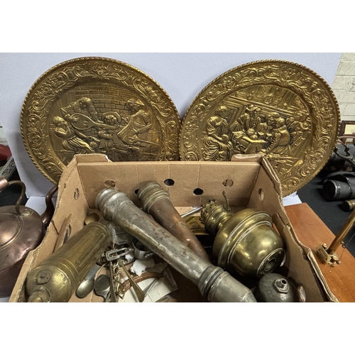 120 - Box of brassware and metal including brass plates and copper kettle