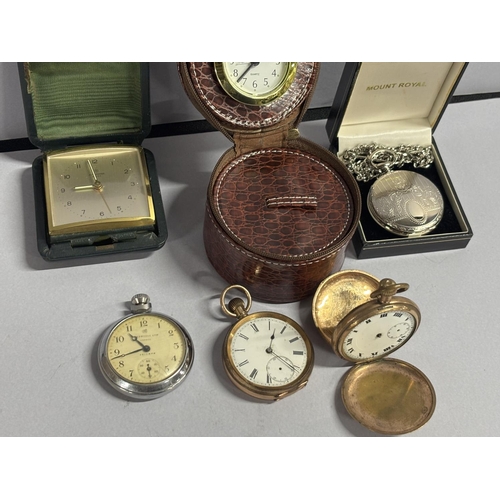 128 - Four pocket watches including a Star by Dennison watch co together with two travel alarm clocks (6)