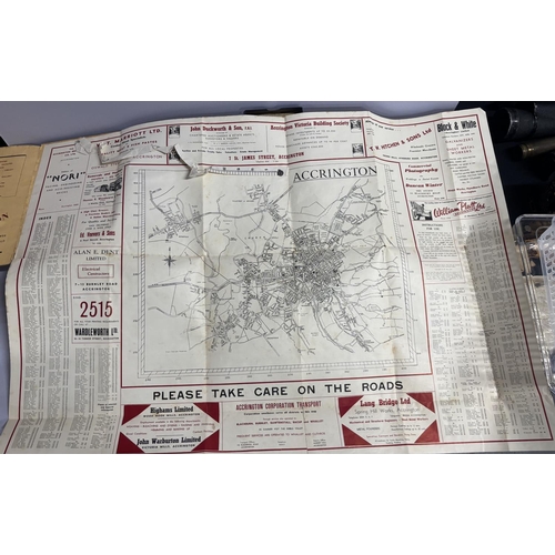 130 - Collection of misc collectables including an old whistle, cards and vintage Accrington street map et... 