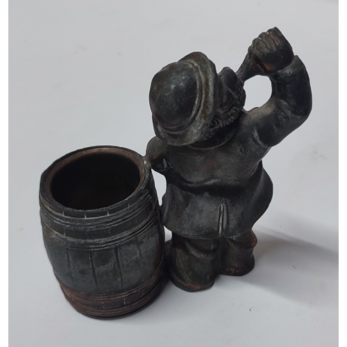 149 - Vintage metal beer figure and barrell matchstick holder, indistinctly marked to barrell