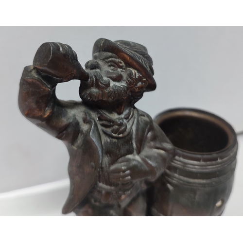 149 - Vintage metal beer figure and barrell matchstick holder, indistinctly marked to barrell