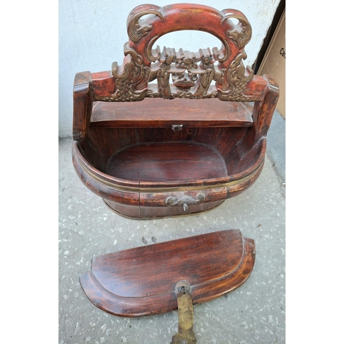 183 - Chinese traditional style wooden picnic basket with brass clasps and banding