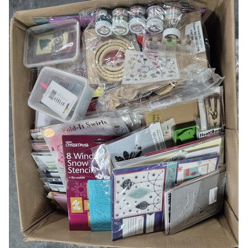 196 - Two boxes, one full of packaged, as new craft items such as stencil sets, paint, pen nibs etc, the o... 