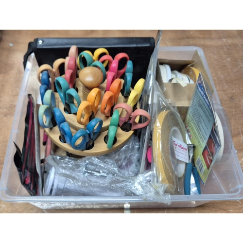 201 - Tub full of equipment to aid craft-making such as a quantity of craft scissors in a holder, brushes,... 