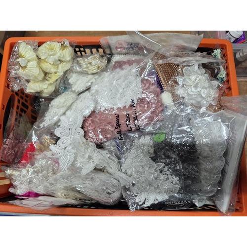 206 - Large quantity of floral laceworks etc for jewellery and other craftwork with a plastic stacking box... 