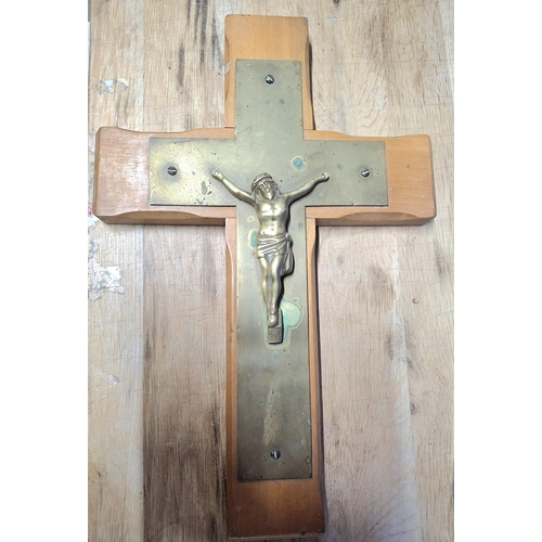 218 - Early, large, 20thC wooden crucifix with brass cast Jesus,

39cm long