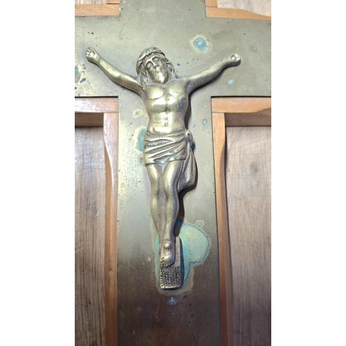 218 - Early, large, 20thC wooden crucifix with brass cast Jesus,

39cm long