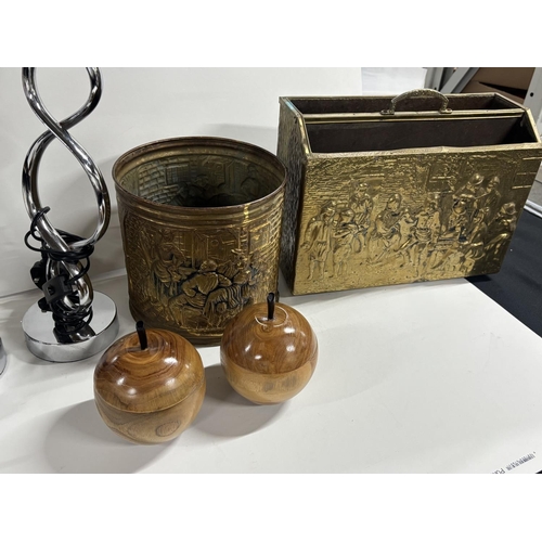 239 - Brass letter box with brass coalbox and 2 lamps and 2 wooden apples