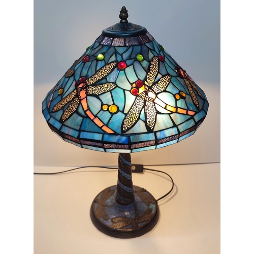 350 - Stunning blue dragonfly Tiffany table lamp with mosaic design to base, working