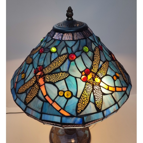 350 - Stunning blue dragonfly Tiffany table lamp with mosaic design to base, working