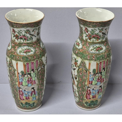 377 - Late Qing dynasty period, pair of hand painted famille rose vases, unmarked to base (2),

Both appro... 