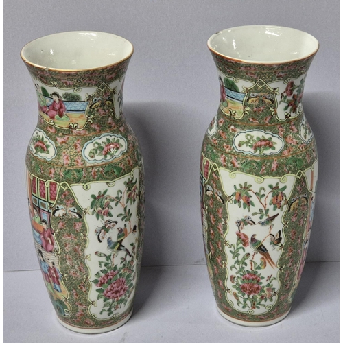 377 - Late Qing dynasty period, pair of hand painted famille rose vases, unmarked to base (2),

Both appro... 