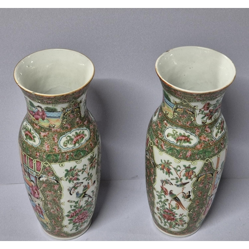 377 - Late Qing dynasty period, pair of hand painted famille rose vases, unmarked to base (2),

Both appro... 