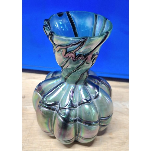 412 - Early 1900s unmarked Art Nouveau iridescent vase with dark glass over-lay, probably Loetz