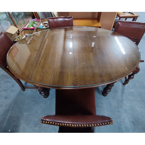 472 - Waring & Gillow, stunning oval extending Oak dining table with Barley Twist design accompanied by fo... 