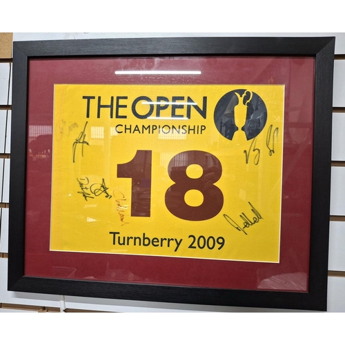 299 - Official British Open memorabilia from the 2009 Turnberry open, signed 18th hole flag stick flag sig... 