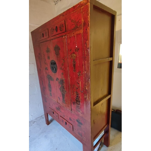 478 - MARRIAGE CABINET, A stunning red lacquered Chinese marriage cabinet, hand-painted depictions in gilt... 