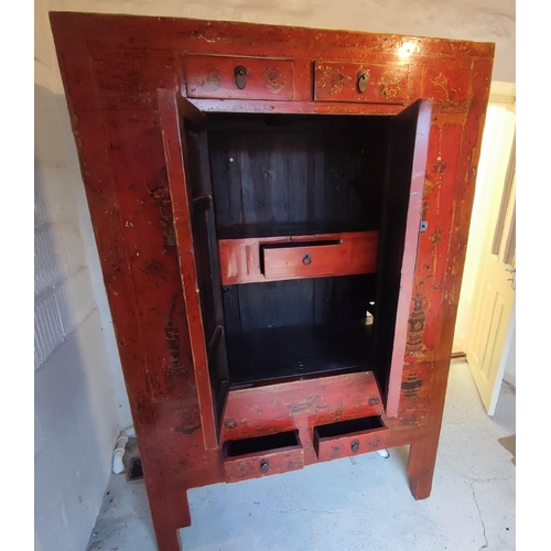 478 - MARRIAGE CABINET, A stunning red lacquered Chinese marriage cabinet, hand-painted depictions in gilt... 